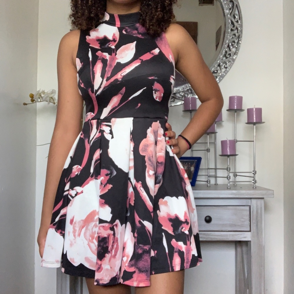 floral skater skirt dress with mock turtleneck